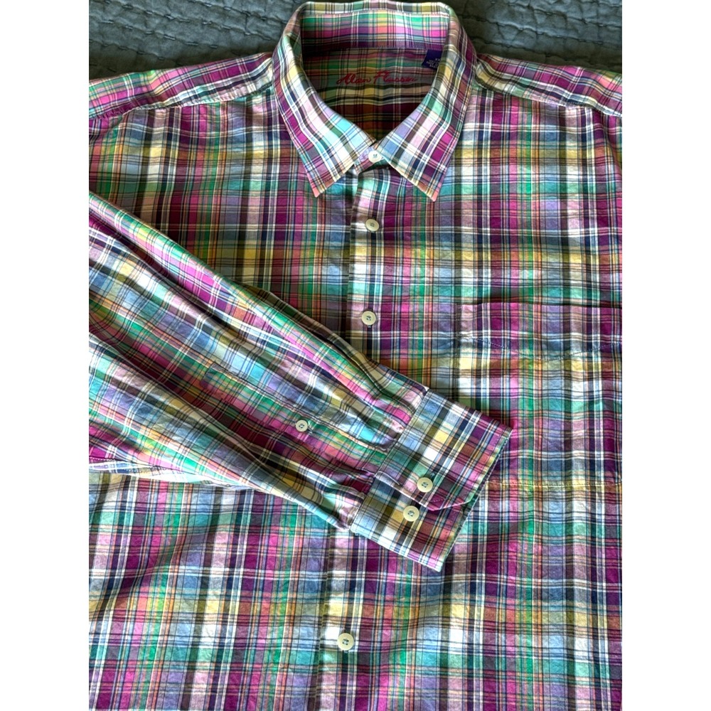 Alan Flusser XXL Purple & Green Plaid Button‑Down Shirt 100% Cotton Long Sleeve